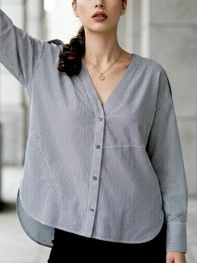 Classic Black & White Pinstripe Button-Down V-Neck Shirt